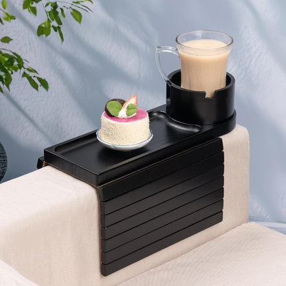 Couch Cup Holder for Armrests Over 4.9" Wide with 360° Phone Stand Walnut | Couch Arm Tray with 360° Rotating Phone Stand, 3 in 1 Foldable Sofa Arm Tray Table for Remote, Snacks, Phone, Drinks