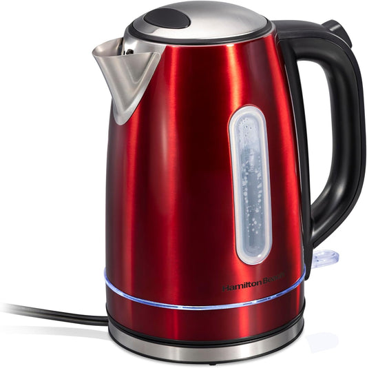 Hamilton Beach 1.7 Liter Electric Tea Kettle, Water Boiler & Heater | Fast Boiling 1500 Watts | BPA Free | Cordless Serving | Auto-Shutoff & Boil-Dry Protection | LED Light Ring | Stainless Steel