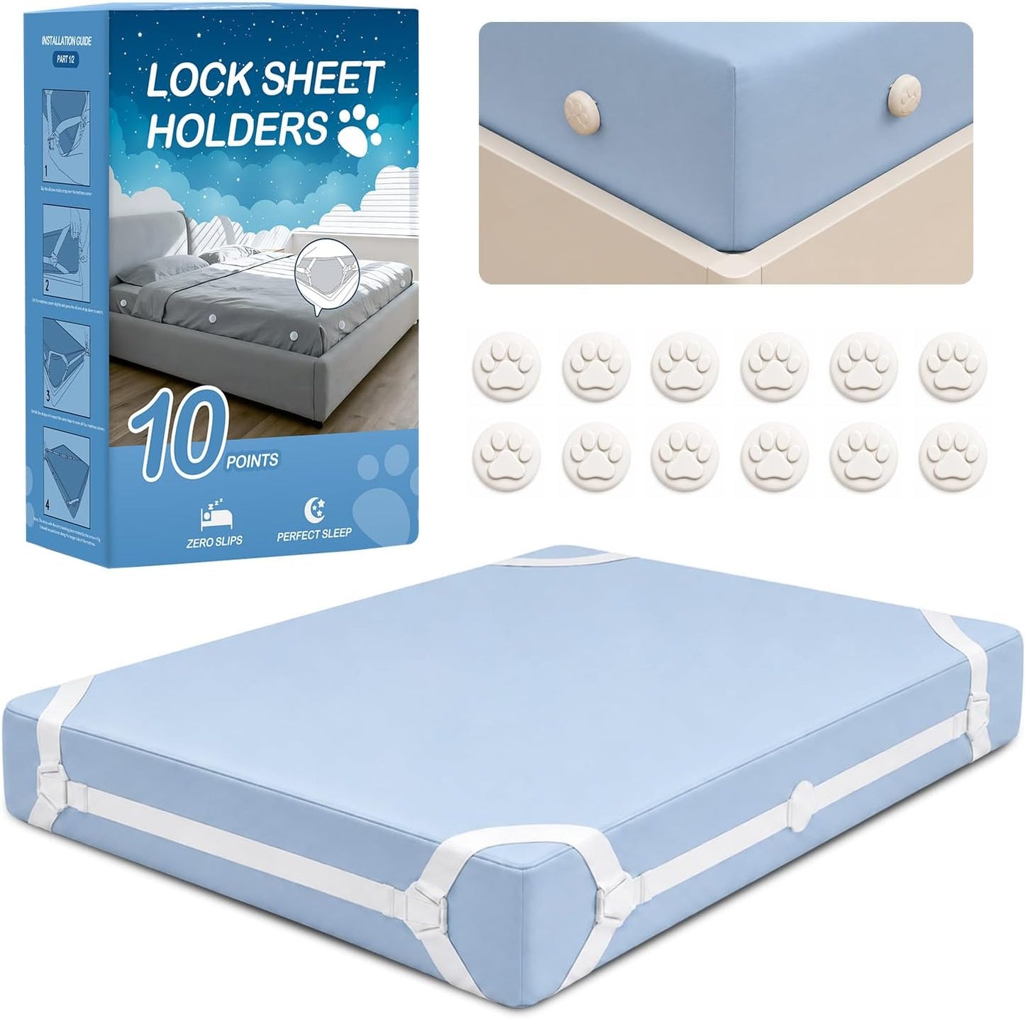 Bed Sheet Holders for Corners: 10 Clips with Side-Edge Locks (Not Just 4 Corners), One-Piece Bed Sheet Straps, No Metal & Anti-Slip, Heavy Duty Fitted Sheet Holder (Twin＆Full Style: 5-8in)