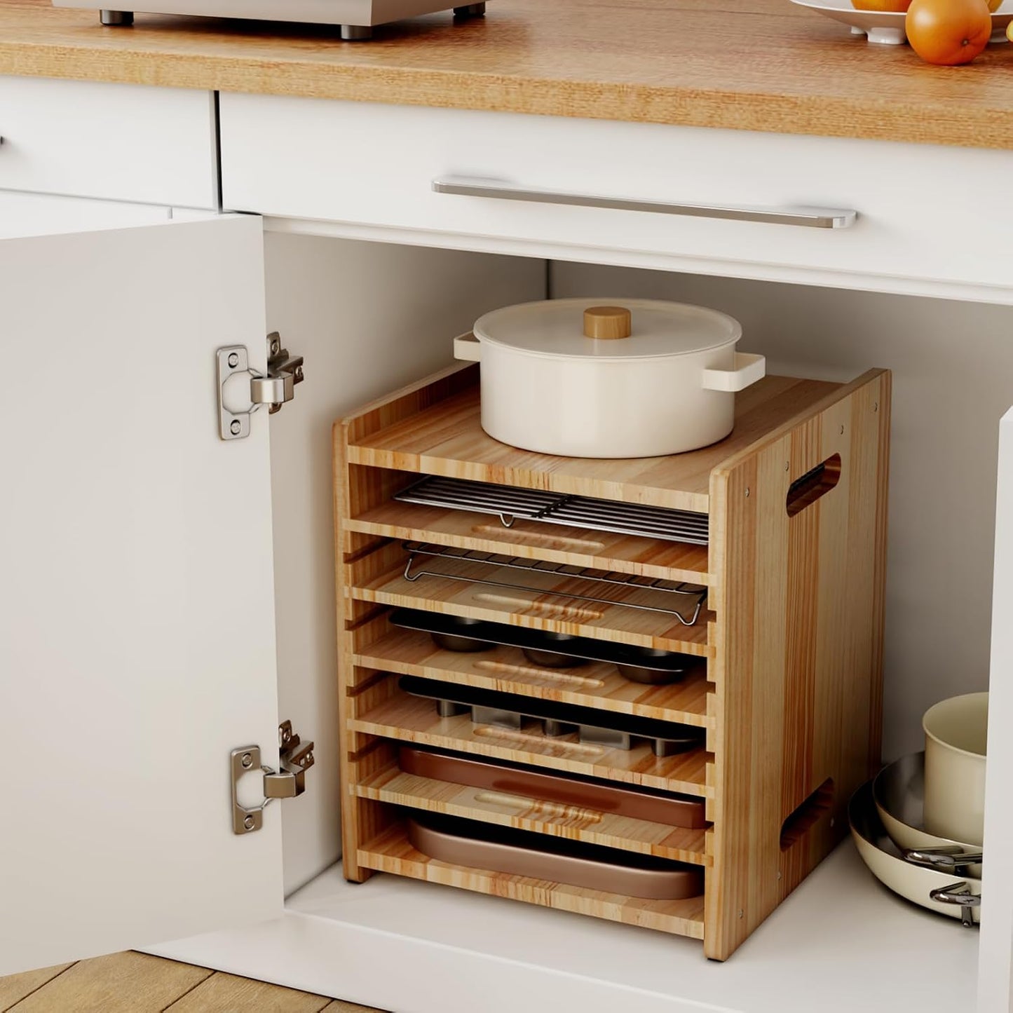 7 Tiers Cookie Sheet Organizer for Cabinet, Wooden Tray Dividers for Kitchen Cabinets Baking Sheet Pan Organizer, for Heavy Pans, Cutting Board, Bakeware, Kitchen Cupboard Storage, Solid Wood