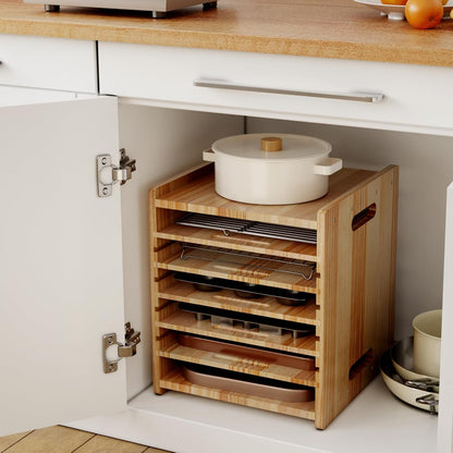 7 Tiers Cookie Sheet Organizer for Cabinet, Wooden Tray Dividers for Kitchen Cabinets Baking Sheet Pan Organizer, for Heavy Pans, Cutting Board, Bakeware, Kitchen Cupboard Storage, Solid Wood