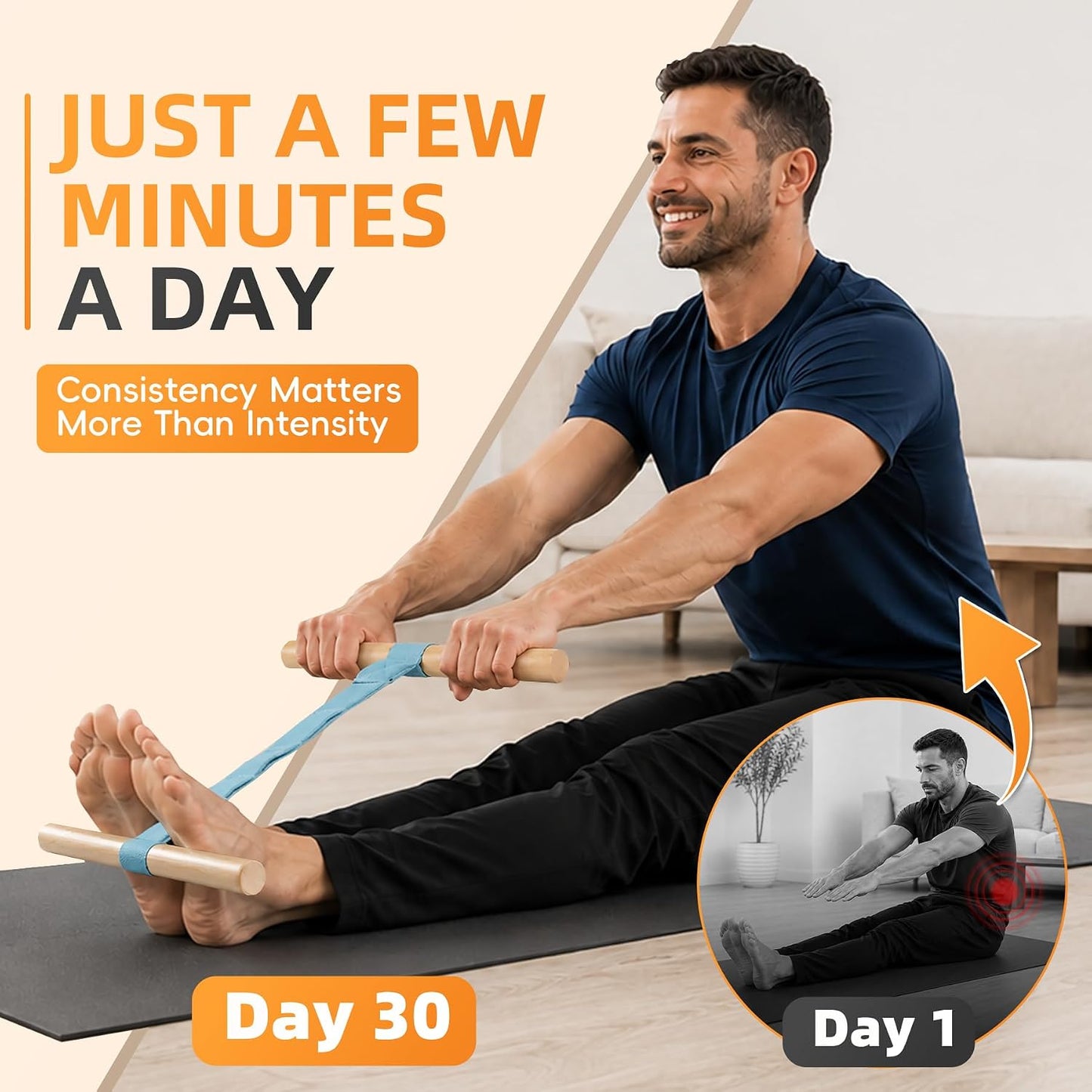 Adjustable Hamstring and Calf Stretching Tool with Beechwood Bar | Includes non-slip yoga socks and a stretch strap for yoga, Pilates, home and office mobility routines.