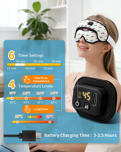 Cordless Heated Eye Mask for Dry Eyes 4 Temperature Settings & 6 Timers, Washable Cover, Warm Compress for Stye, Blepharitis, Eye Strain Relief Heating Pad, Ideal for Travel & Sleep Fast Even Heating