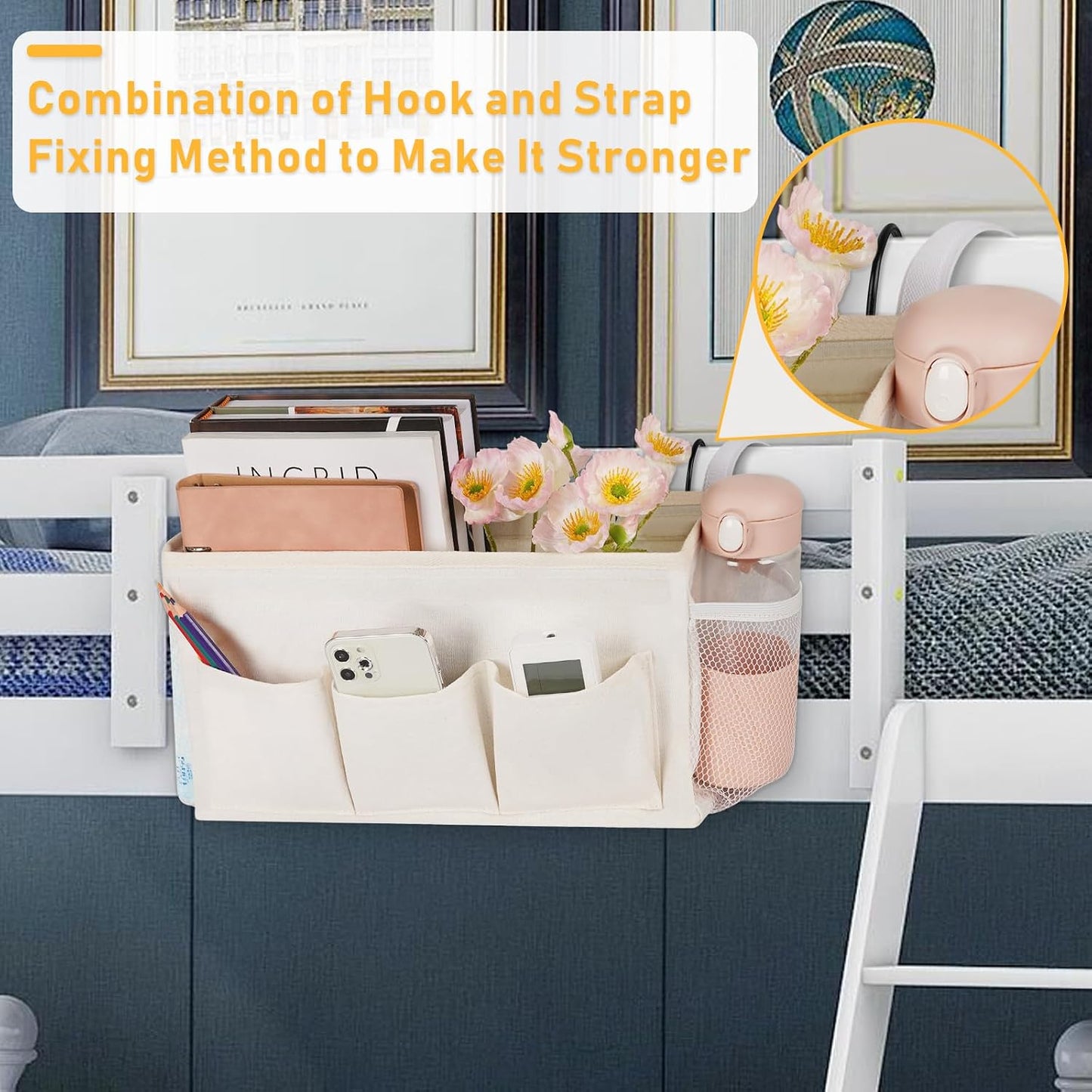 Bedside Caddy, Bedside Storage Bag Hanging Organizer for Bunk Dorm Bed Rail | Bed Caddy with Hooks, Top Bunks and Dorm Essentials for Water, Tissues, Tablets, Books, Phones, Remotes and Other Necessories