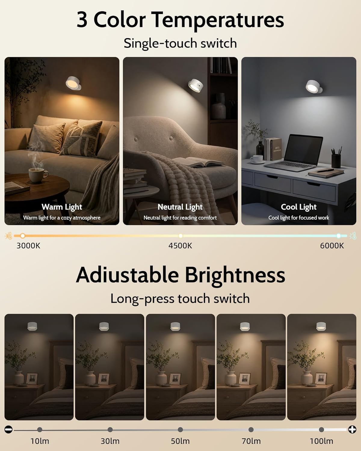 LED Wall Mounted Lights, Rechargeable Wall Sconces, 3 Color Temps, Remote & Touch, 360° Rotating and Dimmable for Bedroom, Bedside & Reading (Black, 2 Pack)