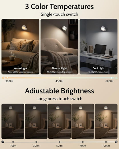 LED Wall Mounted Lights, Rechargeable Wall Sconces, 3 Color Temps, Remote & Touch, 360° Rotating and Dimmable for Bedroom, Bedside & Reading (Black, 2 Pack)