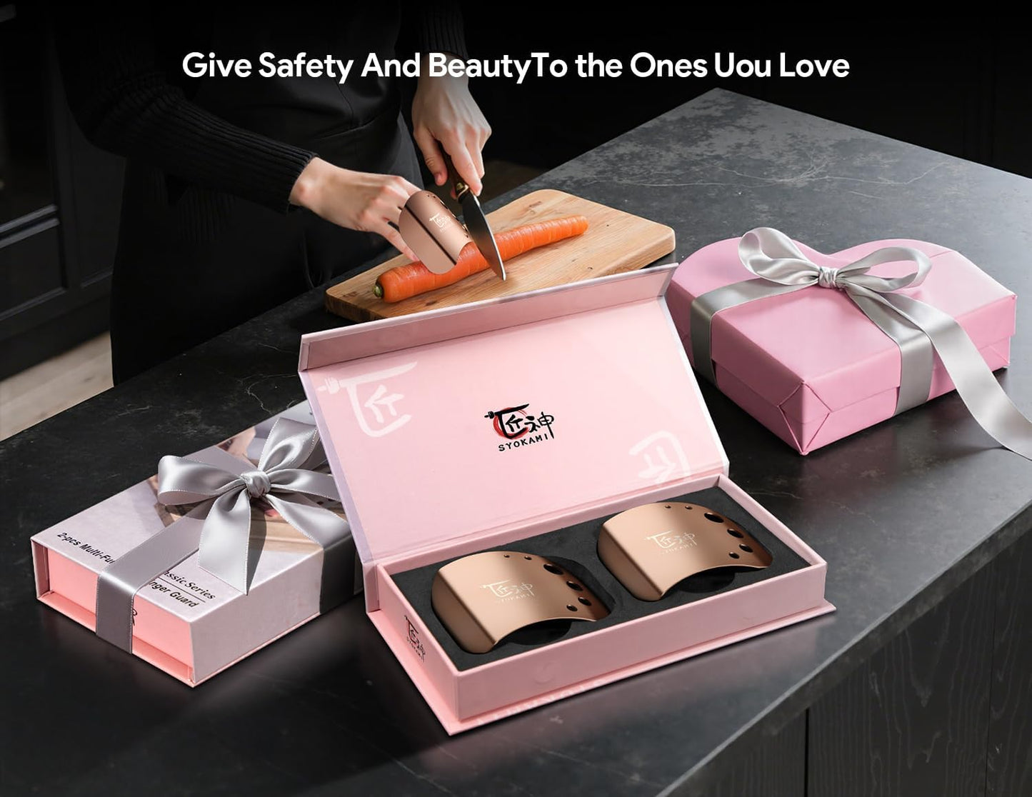Finger Guards for Cutting Food-Finger Protectors with Herb Stripper | Stainless Steel | 2 Pcs | Adjustable Size | Rose Gold | Protecting Fingers and Nails | Gift Box for Couple Women Mom Wife