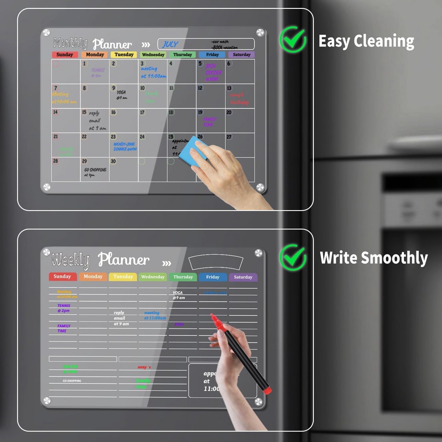 Hivillexun Magnetic Dry Erase Calendar Whiteboard Set (4-Pack) for Home and Kitchen, with Monthly and Weekly Views (16.5” x 11.8”), Magnetic Whiteboard and Daily Planners (12” x 8”) 8 Markers & Eraser