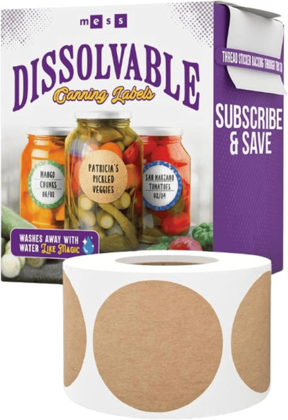 Dissolvable Canning Labels 0.5in Round, Removable Kraft Mason Jar Stickers | Water soluble, no residue, write on with pen, 200 per pack, jam, preserves, pantry, freezer, spice bottles, food storage