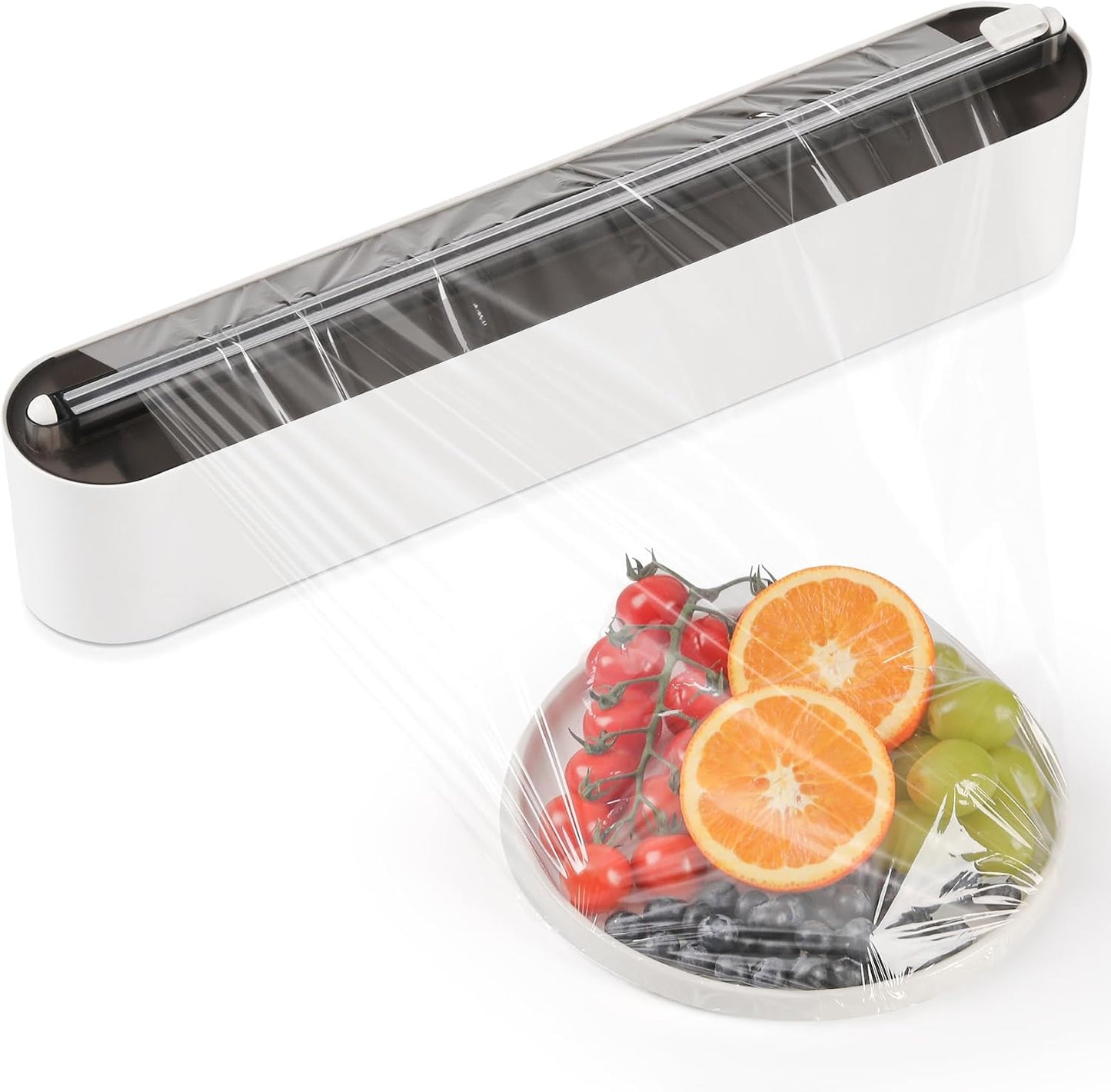 Aluminum Foil & Plastic Wrap Dispenser with Slide Cutter - Magnetic & No-Drill Wall Mount, Cling Film Dispenser for Worktops & Cabinets, Space-Saving Kitchen Organizer - Fits 12" Rolls, White