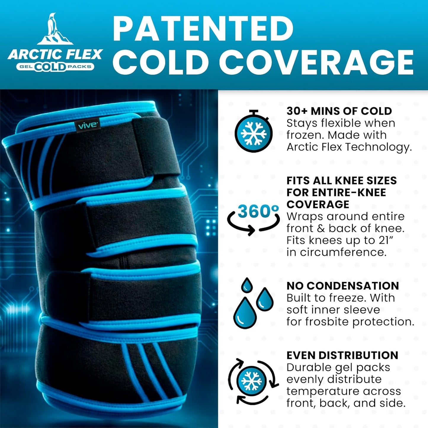 Vive Knee Ice Pack Wrap - Cold/Hot Gel Compression Brace for Pain Relief | Strap for Arthritis Pain, Tendonitis, ACL, Athletic Injury, Osteoarthritis, Women, Men, Running, Meniscus, Patella, Surgery