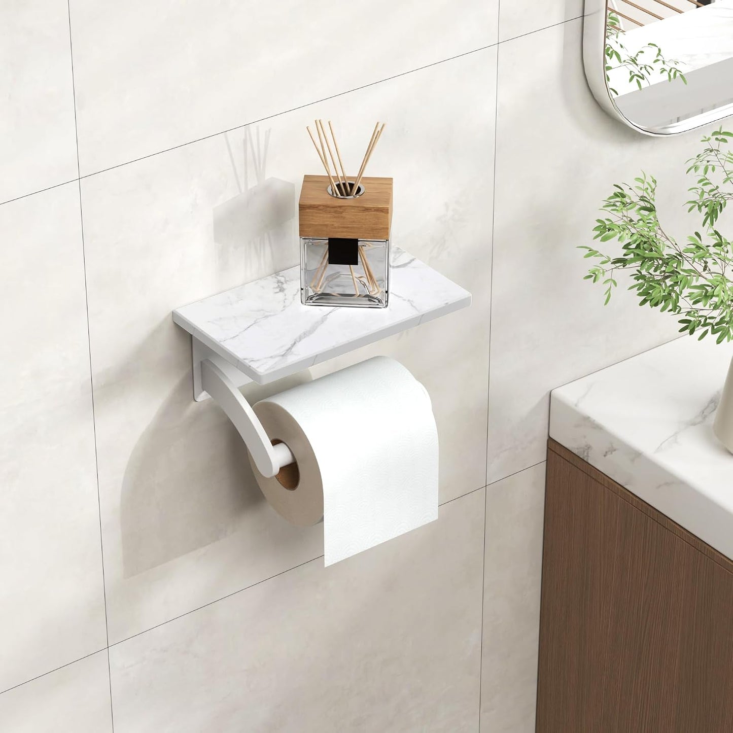 FORIOUS Toilet Paper Holder with Shelf, Natural Marble, Commercial | Brushed Nickel, Wall Mount 304 Stainless Steel Commercial Bathroom Tissue Roll Dispenser, Heavy Duty Washroom Paper Storage