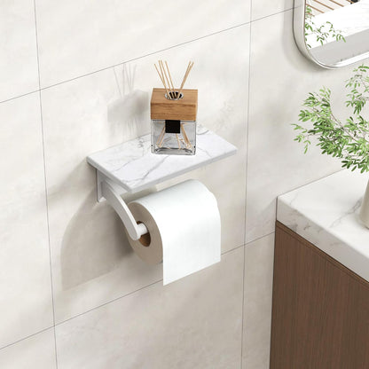 FORIOUS Toilet Paper Holder with Shelf, Natural Marble, Commercial | Brushed Nickel, Wall Mount 304 Stainless Steel Commercial Bathroom Tissue Roll Dispenser, Heavy Duty Washroom Paper Storage