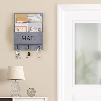 DLQuarts Solid Wood Mail Organizer with Key Holder for Wall, Mail Sorter Wall Mounted, Decorative Wooden Key and Mail Holder with 3 Hooks, White