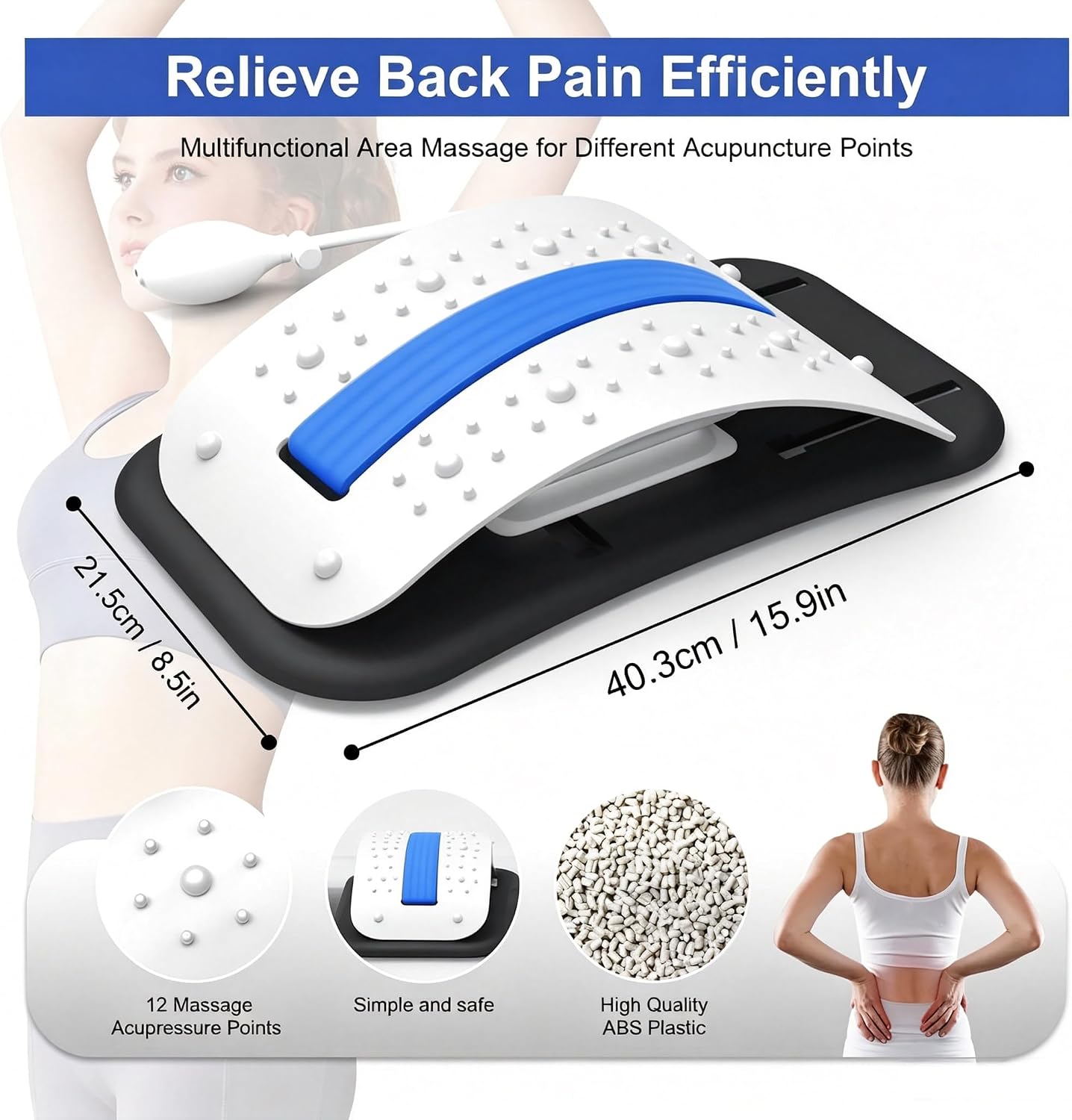 ZhanHao Back Stretcher for Lower Back Pain Relief,Adjustable Lumbar Traction Device, Ergonomic Spine Board with Acupressure Points,Back Massager for Spinal Decompression and Scoliosis