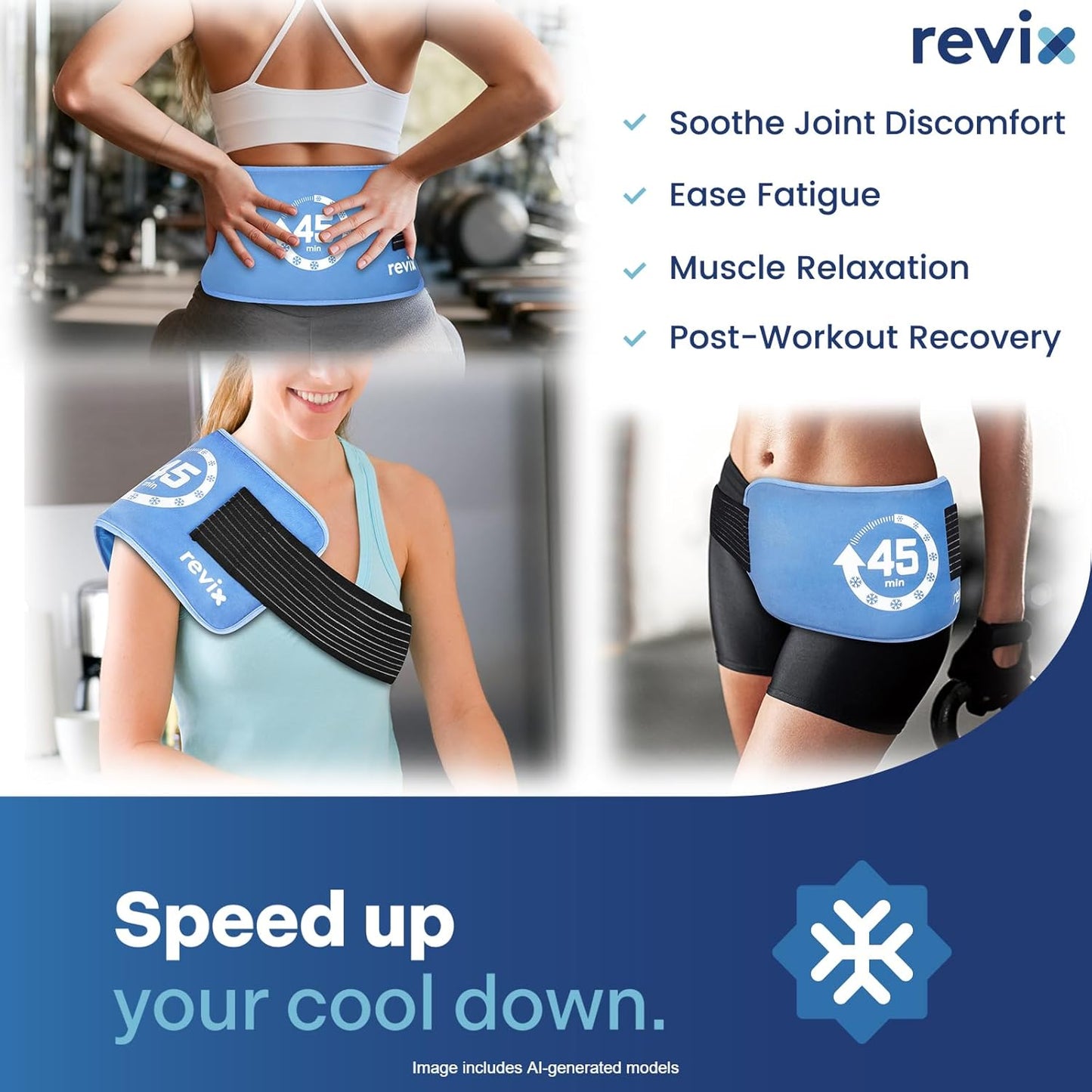 REVIX Ice Pack for Injuries Reusable, 14 × 7" Gel Cold Compress with Strap | 45-Min Long-Lasting Gel Cold Pack for Knee, Shoulder, Lower Back, Leg, Flexible Ice Wrap, Universal Use for Arm, Hip