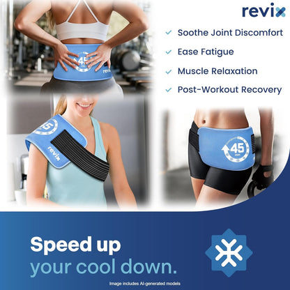 REVIX Ice Pack for Injuries Reusable, 14 × 7" Gel Cold Compress with Strap | 45-Min Long-Lasting Gel Cold Pack for Knee, Shoulder, Lower Back, Leg, Flexible Ice Wrap, Universal Use for Arm, Hip