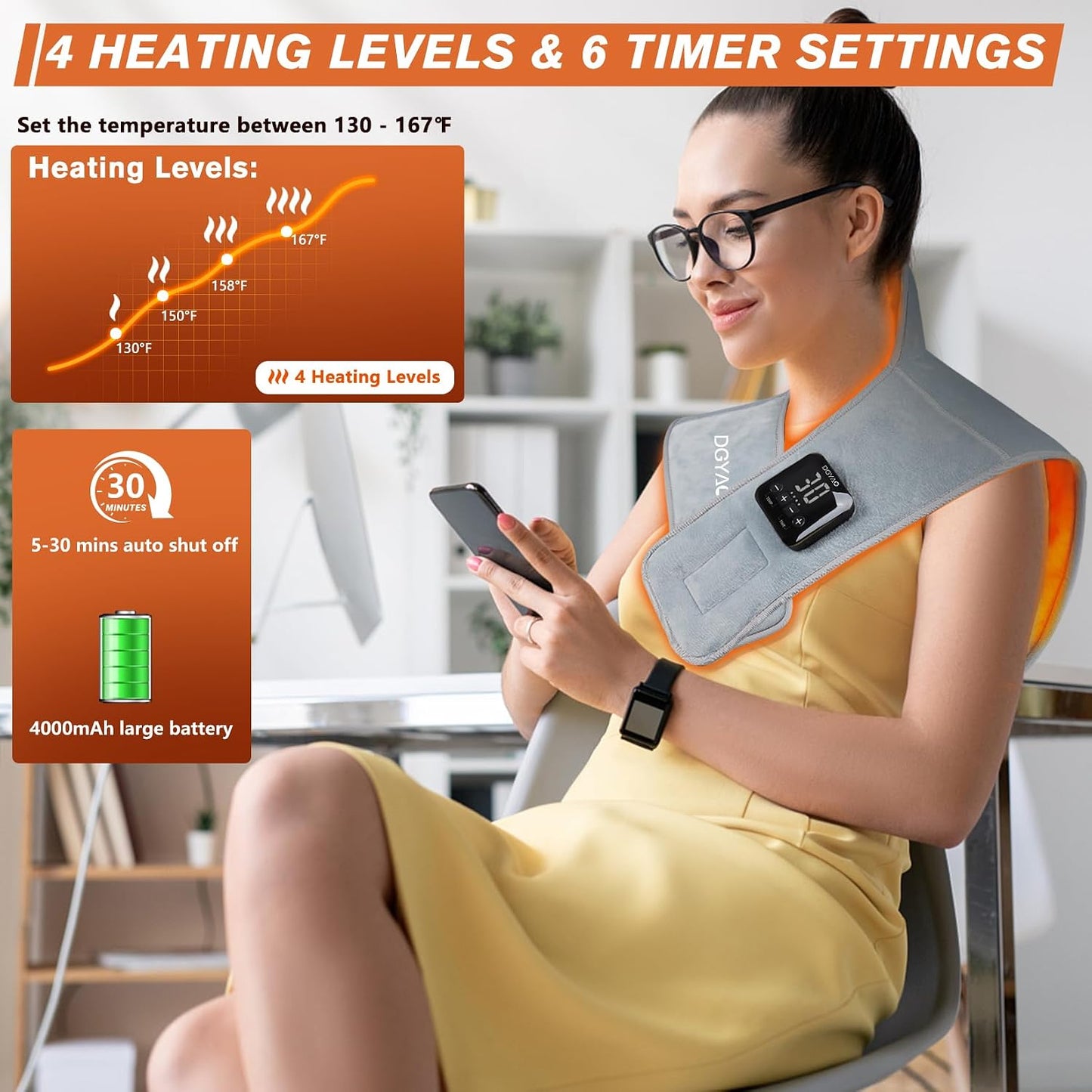 TUOB Heating Pad for Neck and Shoulder, Portable Cordless Heating Pad for Pain Relief with 4000mAh Controller, Rechargeable Electric Heat Pad, 4 Heat Setting & 6 Timers Auto Off