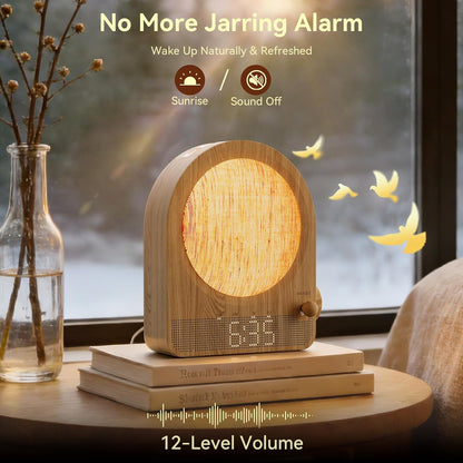 Vivilumens Gradual Sunrise Alarm Clock & White Noise Sound Machine for Better Sleep - Wood Grain Design, Wake-Up Light, Night Light, 10 Natural Sounds, Dual Alarms for Heavy Sleepers