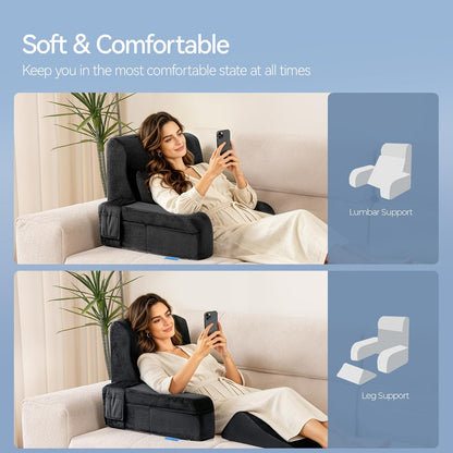 Kayfia Reading Pillow, Gel Memory Foam Back Rest Pillow, 19", Gray | 3 Storage Pockets, Dual-Use Back Leg Support Pillow, Detachable Armrests, Ideal for Reading, Gaming, Working on Bed & Couch