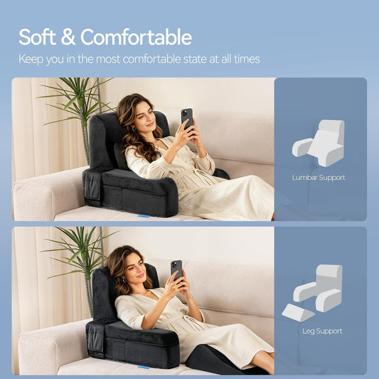 Kayfia Reading Pillow, Gel Memory Foam Back Rest Pillow, 19", Gray | 3 Storage Pockets, Dual-Use Back Leg Support Pillow, Detachable Armrests, Ideal for Reading, Gaming, Working on Bed & Couch