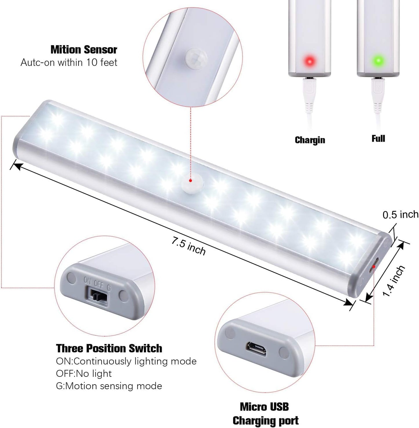 Wireless Motion Sensor Cabinet Lights 10-LED USB Rechargeable Closet Lights LED Under Cabinet Lighting for Wardrobe/Drawer/Stairs/Cupboard/Counter/Pantry/Stairs,Stick On Anywhere,2 Pack,White Light