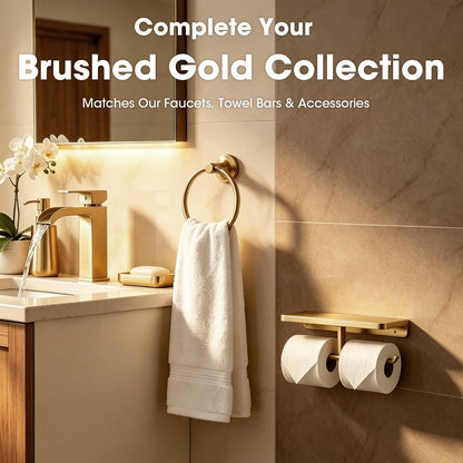 TRUSTMI Toilet Paper Holder with Phone Shelf, Zinc Alloy, Brushed Gold | Solid zinc alloy holder holds 15 lbs and fits jumbo rolls. Shelf stores phones and wipes for easy bathroom organization
