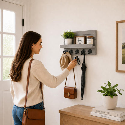 Key Holder for Wall, Decorative Key and Mail Holder, Key Holder Wall Mount with Shelf and Large Hooks, Easy Installation Key Rack for Entryway and Home Decor