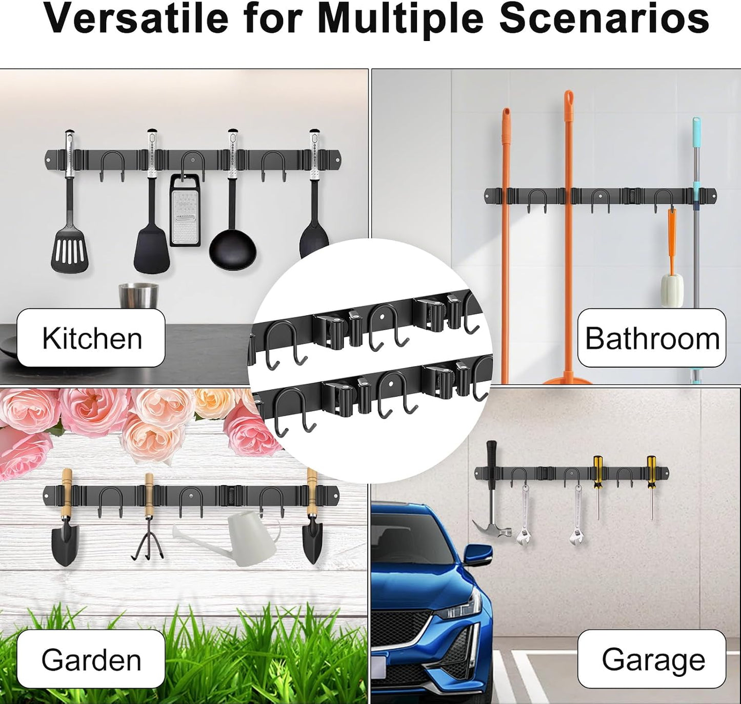 Mop Broom Holder Wall Mount, Gold Stainless Steel Tool Storage Organizer for Kitchen Garden Garage Laundry Room Bathroom and RV with 4 Slots 6 Hooks