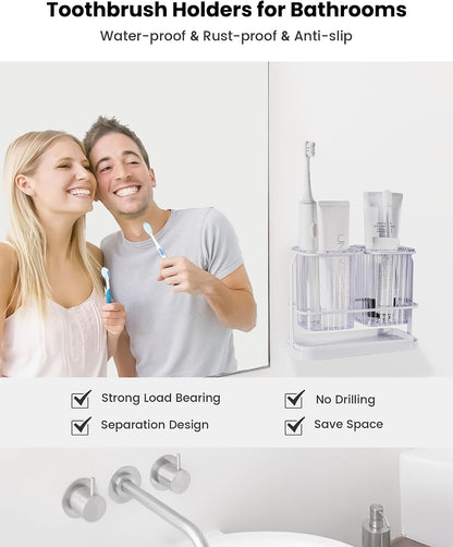 Clear Toothbrush Holders for Bathroom, 2 Cups Wall Mounted, Dry & Wet Separation, Organizers and Storage Set for Family Kids