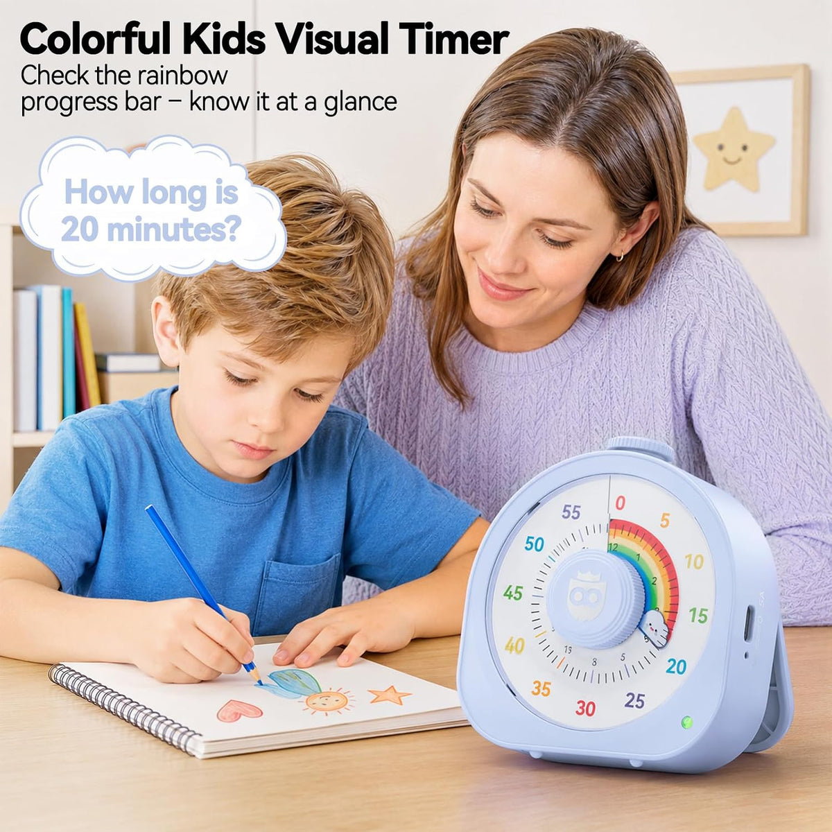 Visual Timer for Kids, Rechargeable Rainbow 60-Min/12-Hour Countdown, White