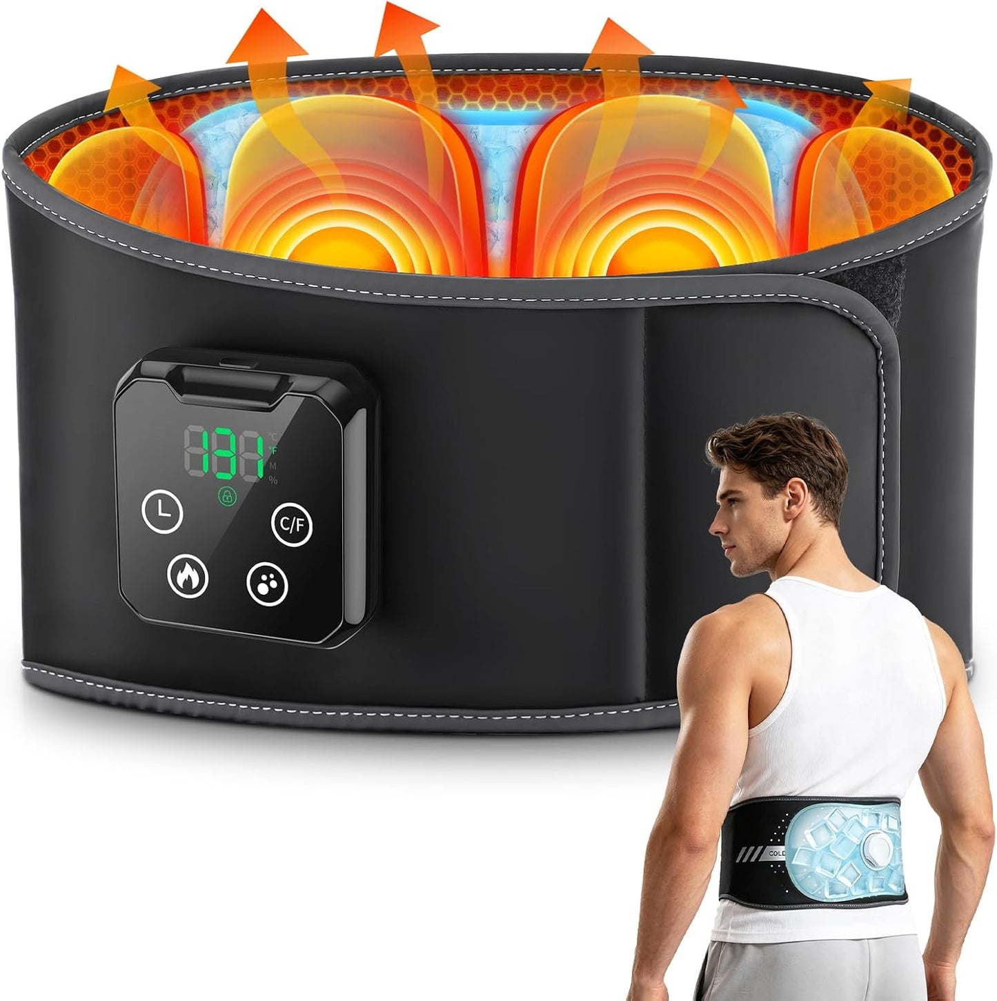 Heating and Cooling Pad for Back, Wearable Portable Heating Pad for Back, Cordless Lumbar Massager with 4 Heat 3 Massage Intensity Levels, 10 Timer Settings, Ideal Gifts for Mom and Dad