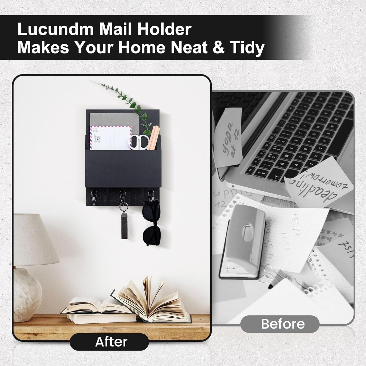 Key and Mail Holder for Wall Mount, Mail Holder with Chalkboard | Mail Organizer with 2 Slot, Key Holder with 3 Sturdy Hooks for Coat, Dog Leash, Decorative Key Rack (8.86”W x 11.42”H x 3”D)
