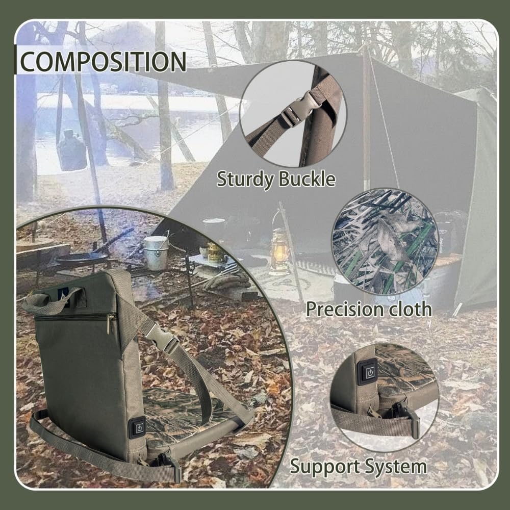 Hunting Seat Cushion with Backrest Adjustable Portable Heated Seat Pad Suitable for Hunting Ice Fishing Hiking and Camping (Batteries Not Included)