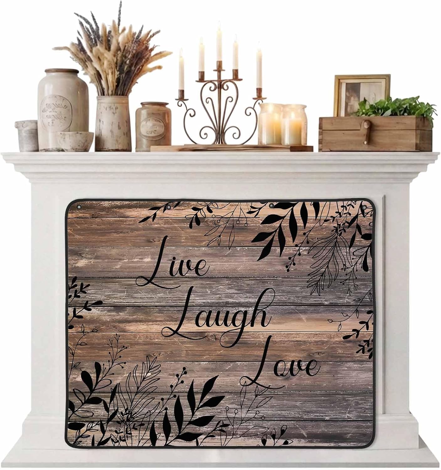 Magnetic Fireplace Cover Brown Rustic Wood Grain Fireplace Screen Decorative Leaves Laugh Love Insulation Fireplace Blocker Blanket Save Energy Fireplace Draft Stopper Covers for Living Room 36x30