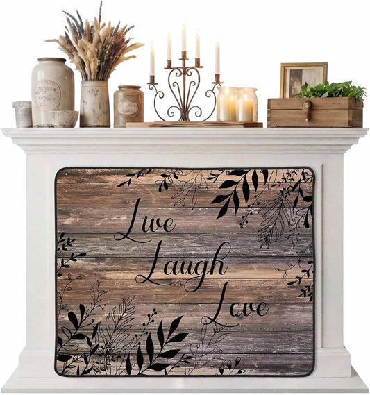 Magnetic Fireplace Cover Brown Rustic Wood Grain Fireplace Screen Decorative Leaves Laugh Love Insulation Fireplace Blocker Blanket Save Energy Fireplace Draft Stopper Covers for Living Room 36x30