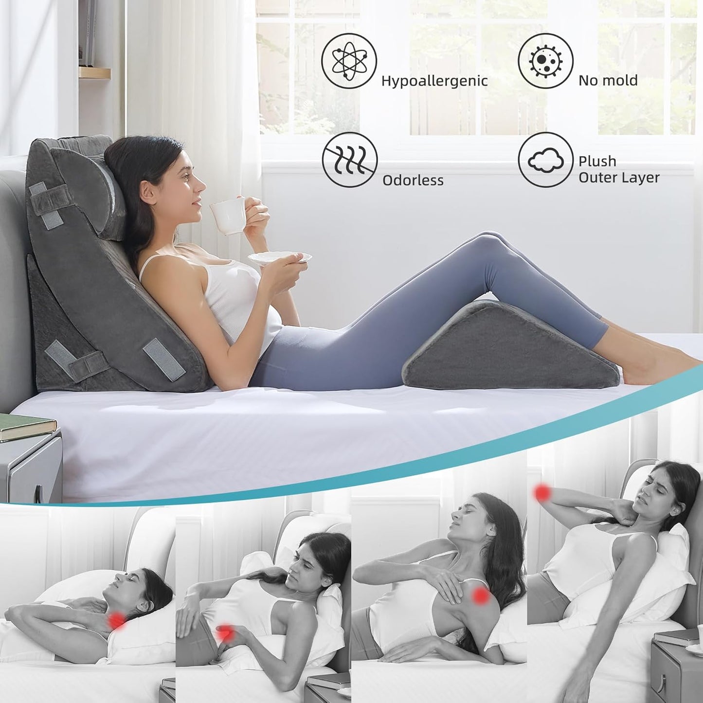 Kingfun 4PCS Orthopedic Bed Wedge Pillow Set for Sleeping, Post Surgery Memory Foam Support Pillows for Back, Neck and Leg Pain Relief, Adjustable Triangle Pillow - Acid Reflux, Anti Snoring & GERD