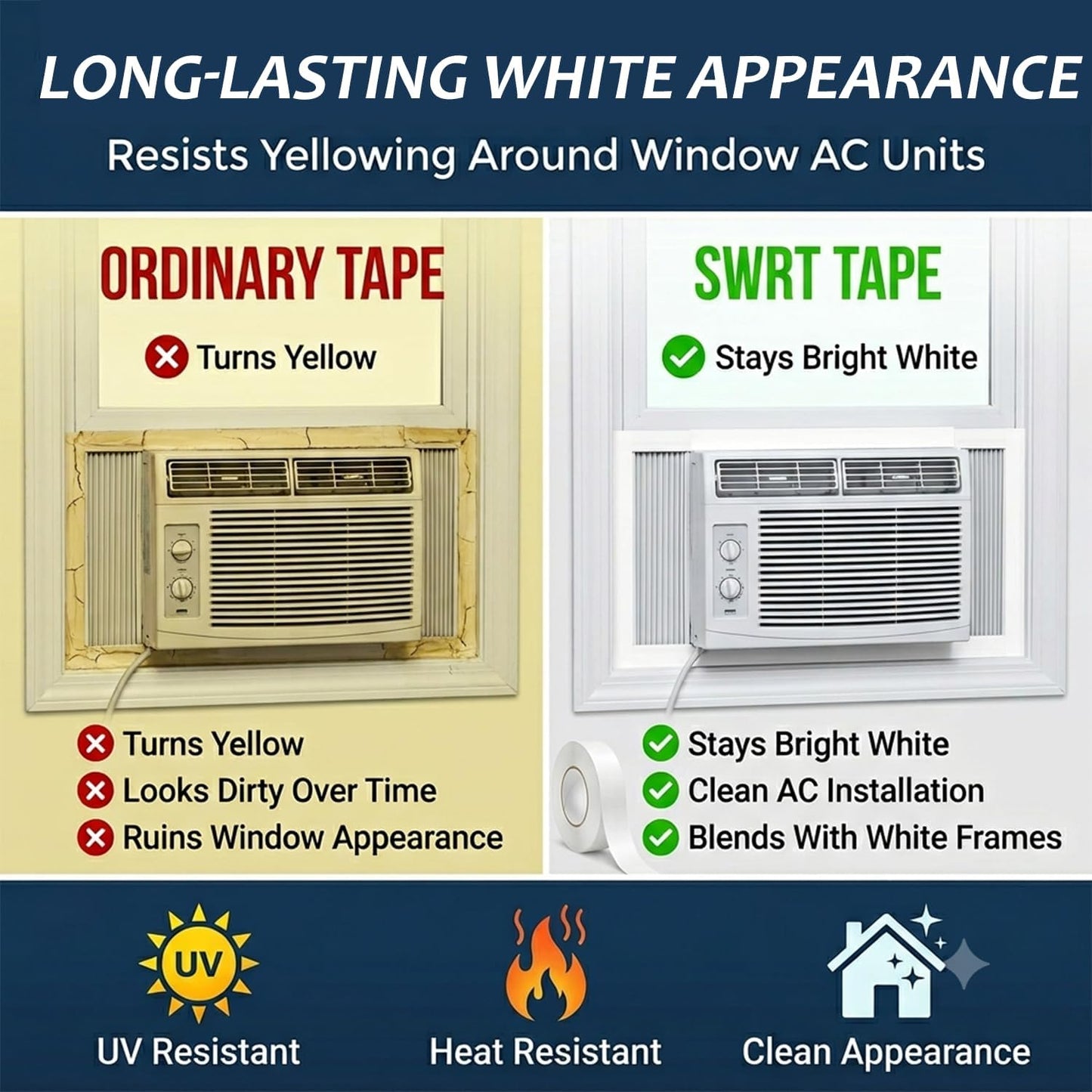 SWRT White Window Weather Sealing Tape 2 in x 90 FT, AC Seal, Residue Free | Blocks hot air, dust, and insects for summer insulation, ideal for doors, windows, and air conditioners