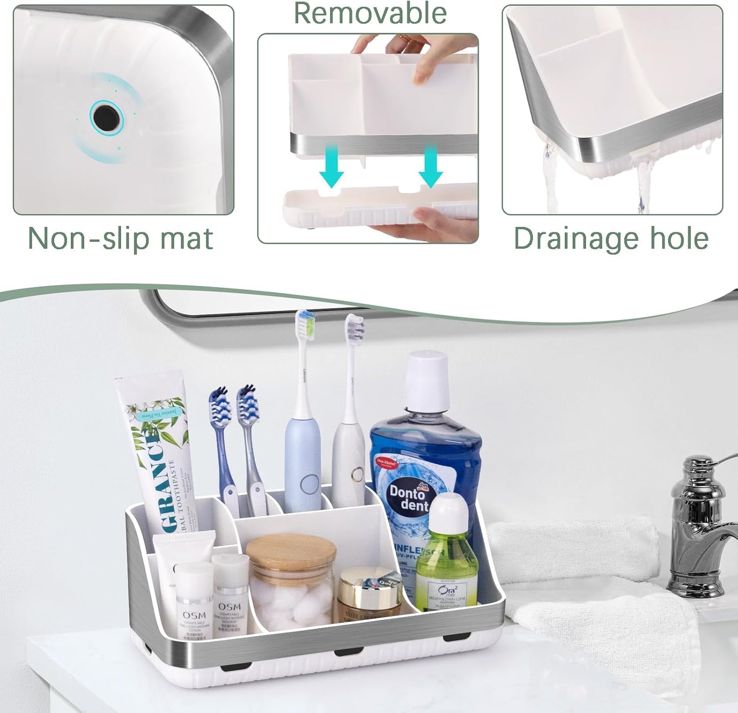 GFWARE Black Toothbrush Holder - 7 Slots Bathroom Organizer Countertop with Drainage Matte Black Electric Toothbrush and Toothpaste Holder for Bathroom Accessories Sink Storage