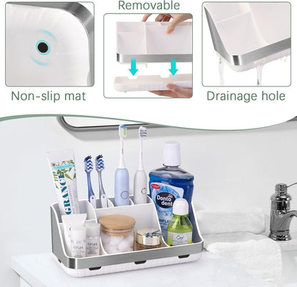 GFWARE Black Toothbrush Holder - 7 Slots Bathroom Organizer Countertop with Drainage Matte Black Electric Toothbrush and Toothpaste Holder for Bathroom Accessories Sink Storage