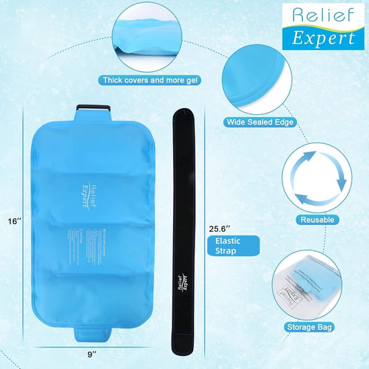 Relief Expert Reusable Gel Ice Pack Wrap (16"x9") - Reusable Cold Pack for Lower Back, Shoulder, Knee & Hip - Flexible, Hands-Free Cold Therapy with Adjustable Strap