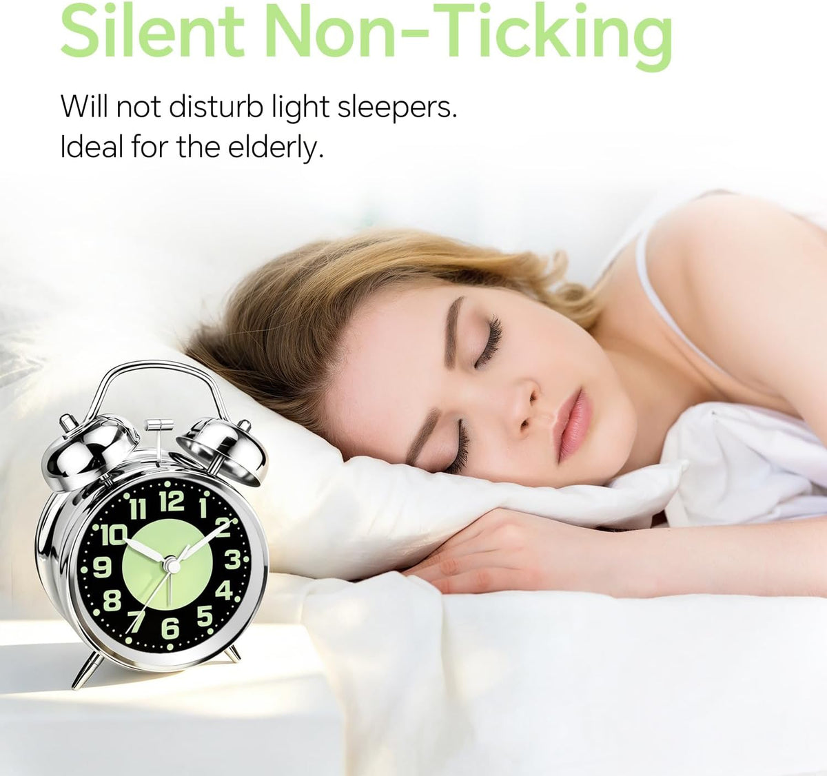 4.5" Metal Loud Alarm Clock for Heavy Sleepers Adults, Analog Battery Operated Alarm Clock with Bells Glow in Dark Numbers, Silent Old School Bedside Desk Clock for Bedroom Office Kids, Black