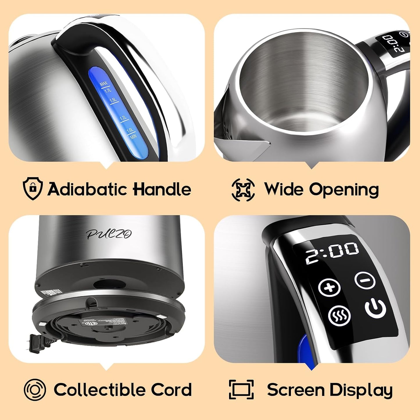 Electric Kettle Temperature Control 1.7L, Stainless Steel Interior (No Plastic Contact), 1500W Electric Tea Kettle, Hot Water Boiler Heater, LED Display&Touch Control,Auto-Shutoff/Boil-Dry Protection