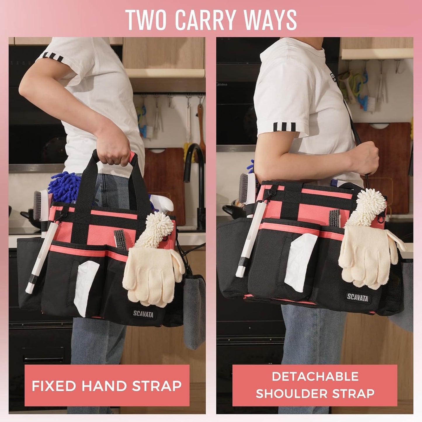 SCAVATA Compact Wearable Cleaning Caddy with Handle & Shoulder Straps | Small Cleaning Supplies Organizer, Under Sink & Car Cleaning Tools Storage Bag for Housekeepers Cleaners, Black
