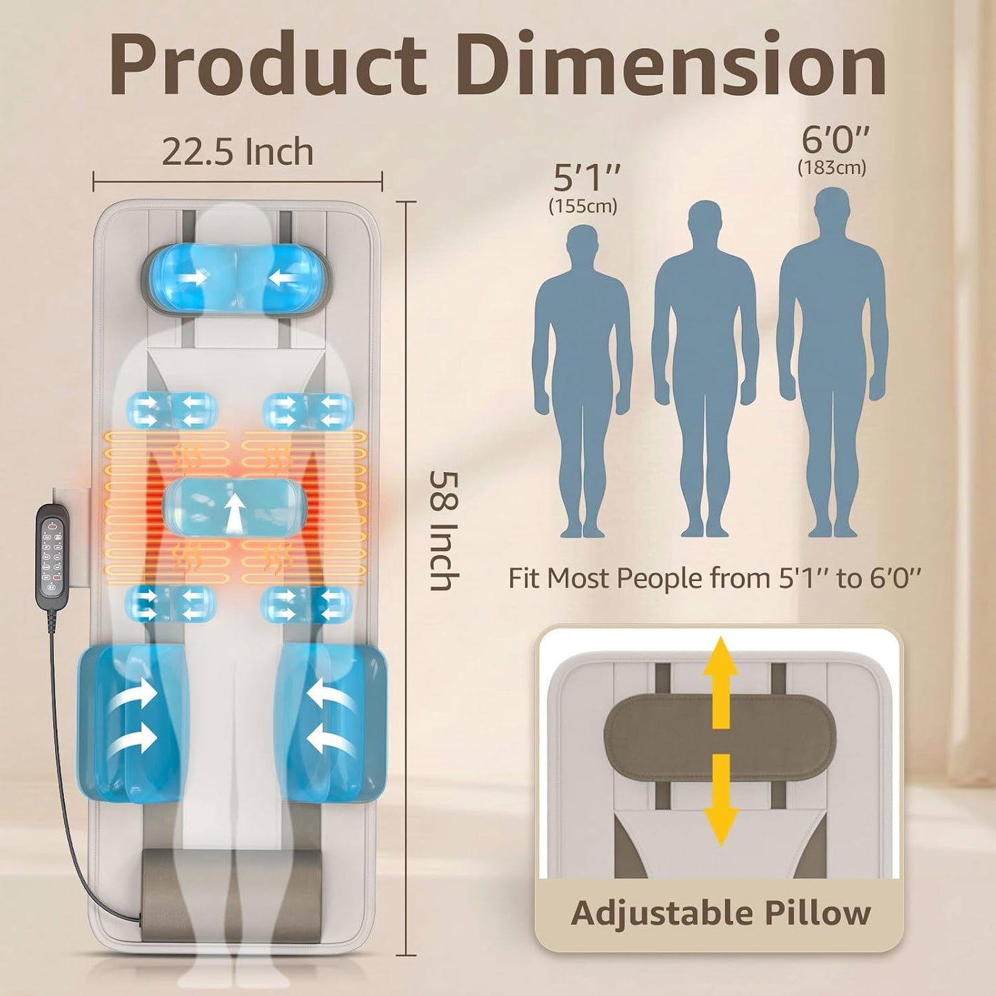 YENING Full Body Massage Mat with Airbags, Air Compression Stretching Mat with Heat for Bed Floor, Neck Lumbar Traction Pad for Pain Relief, Foldable Massage Mattress Topper, 5'1"-6'0"