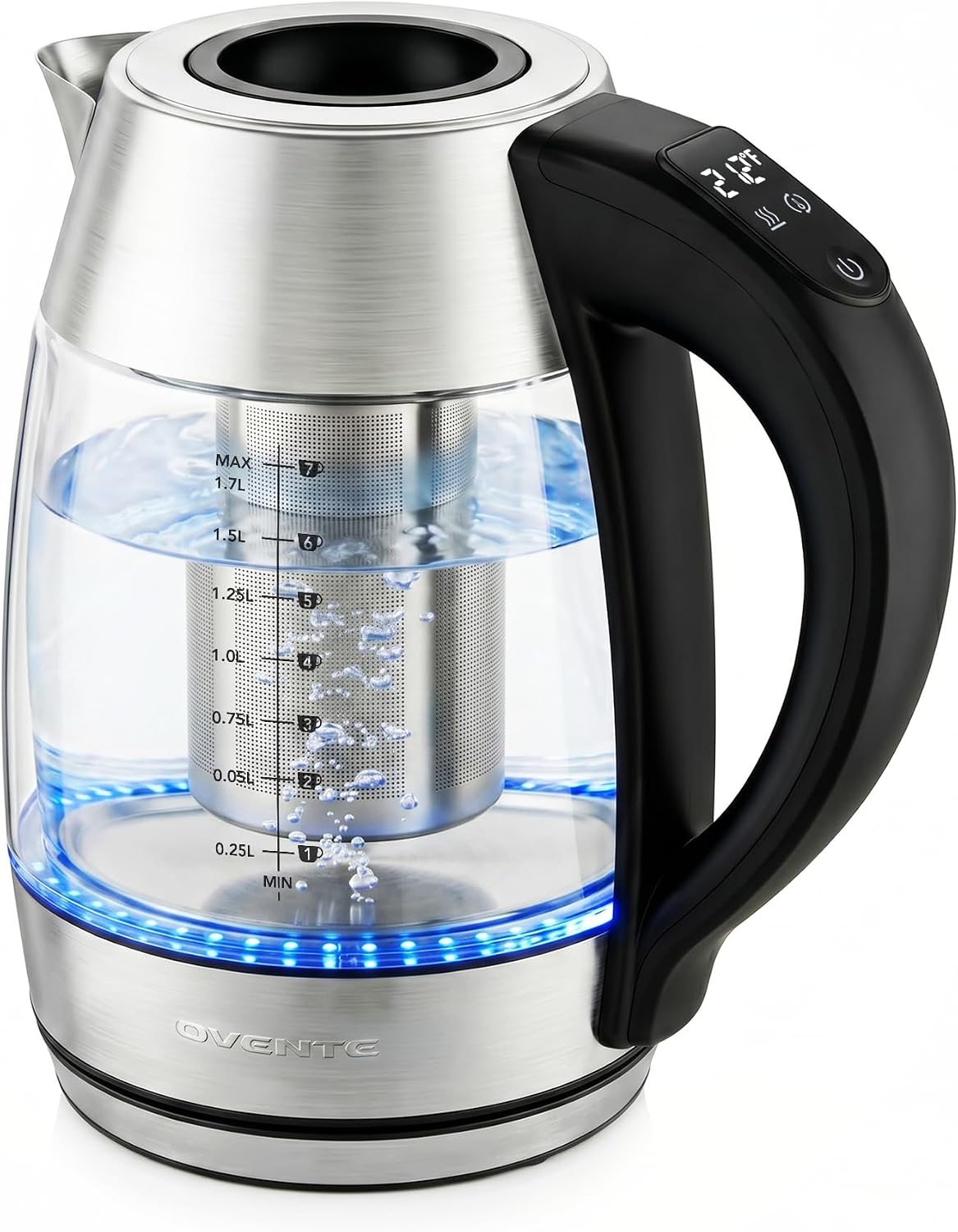 OVENTE 1.8L Glass Electric Kettle with Tea Infuser, Silver KGD752S | 1500W Fast Boiling, Easy Fill Lid, 7 Temperature Control, Keep Warm, Digital Display, Auto Shut-Off, Boil-Dry Protection