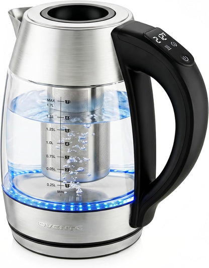 OVENTE 1.8L Glass Electric Kettle with Tea Infuser, Silver KGD752S | 1500W Fast Boiling, Easy Fill Lid, 7 Temperature Control, Keep Warm, Digital Display, Auto Shut-Off, Boil-Dry Protection