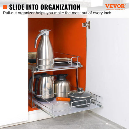 VEVOR Pull Out Cabinet Organizer, 14" Wx21.2 Dx15.2 H Heavy 2 Tier Duty Slide Out Pantry Shelves, Chrome-Plated Steel Roll Out Drawer for Under Sink, 15.5" Wx22.5 Dx19 H Install Size for Cabinet