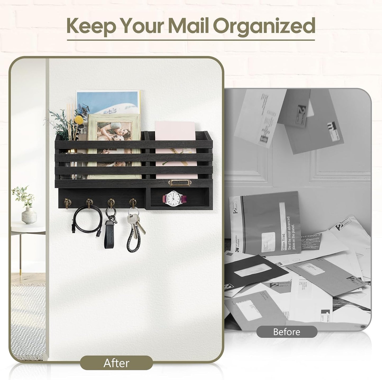 FifthQuarter Key and Mail Holder Wall Mount with Drawer and 6 Sturdy Hooks | Cute Rustic Farmhouse Wooden Key Hanger, Reliable Entryway Organizer for Keys and Daily Essential, Easy Installation, A-White