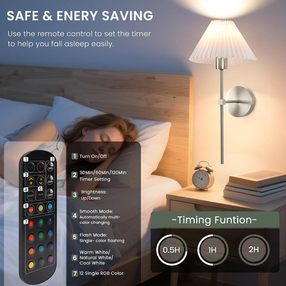 Rechargeable Battery Operated Wall Sconce Sets of 2, 15 Colors Wireless gooseneck Black Wall Lights Fixture with Dimmable Bulbs and Remote, Not Hardwired Wall Mounted Lamps for Bedroom Living Room